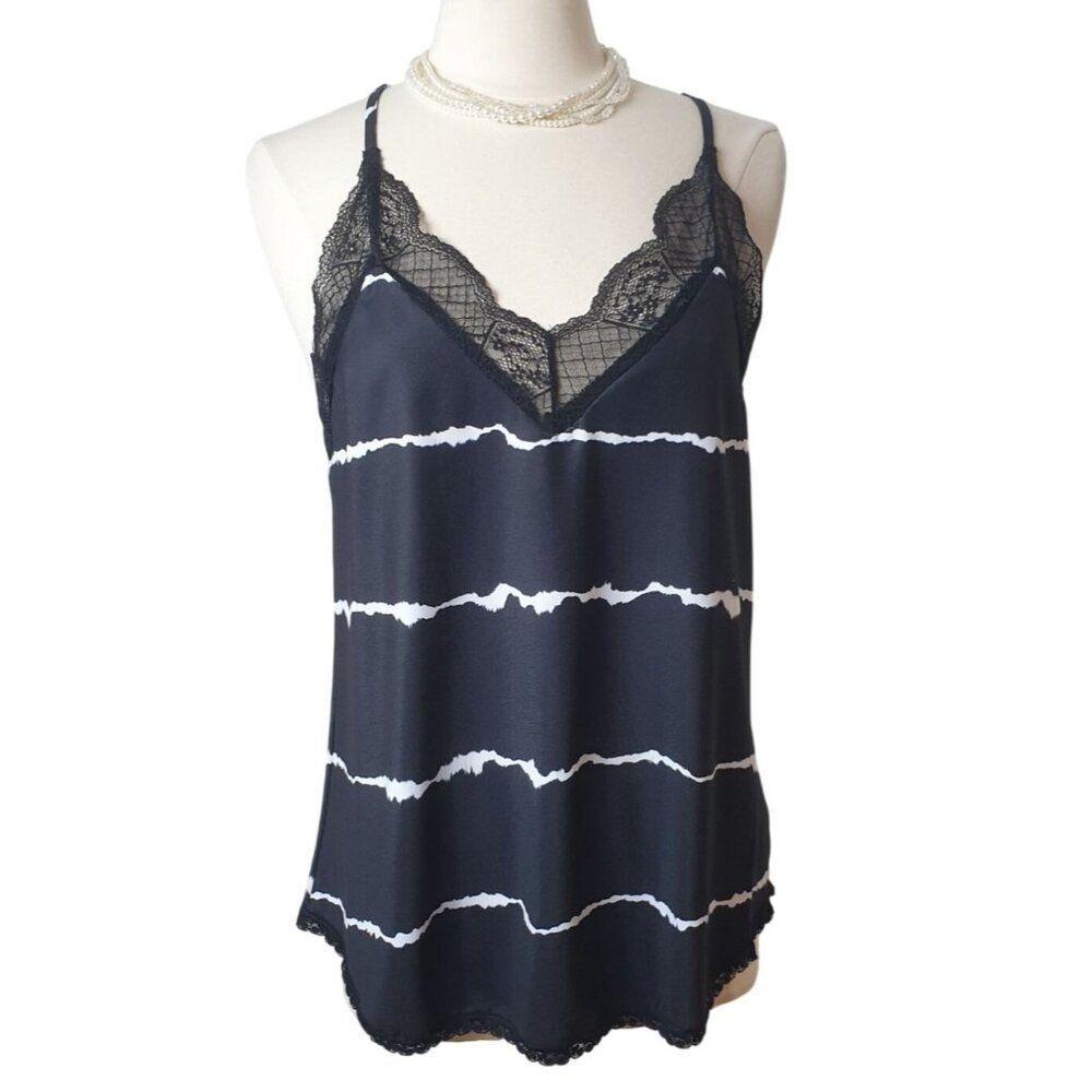 Womens Cami M Black White Lace Trim Camisole Top Layer Shell Medium